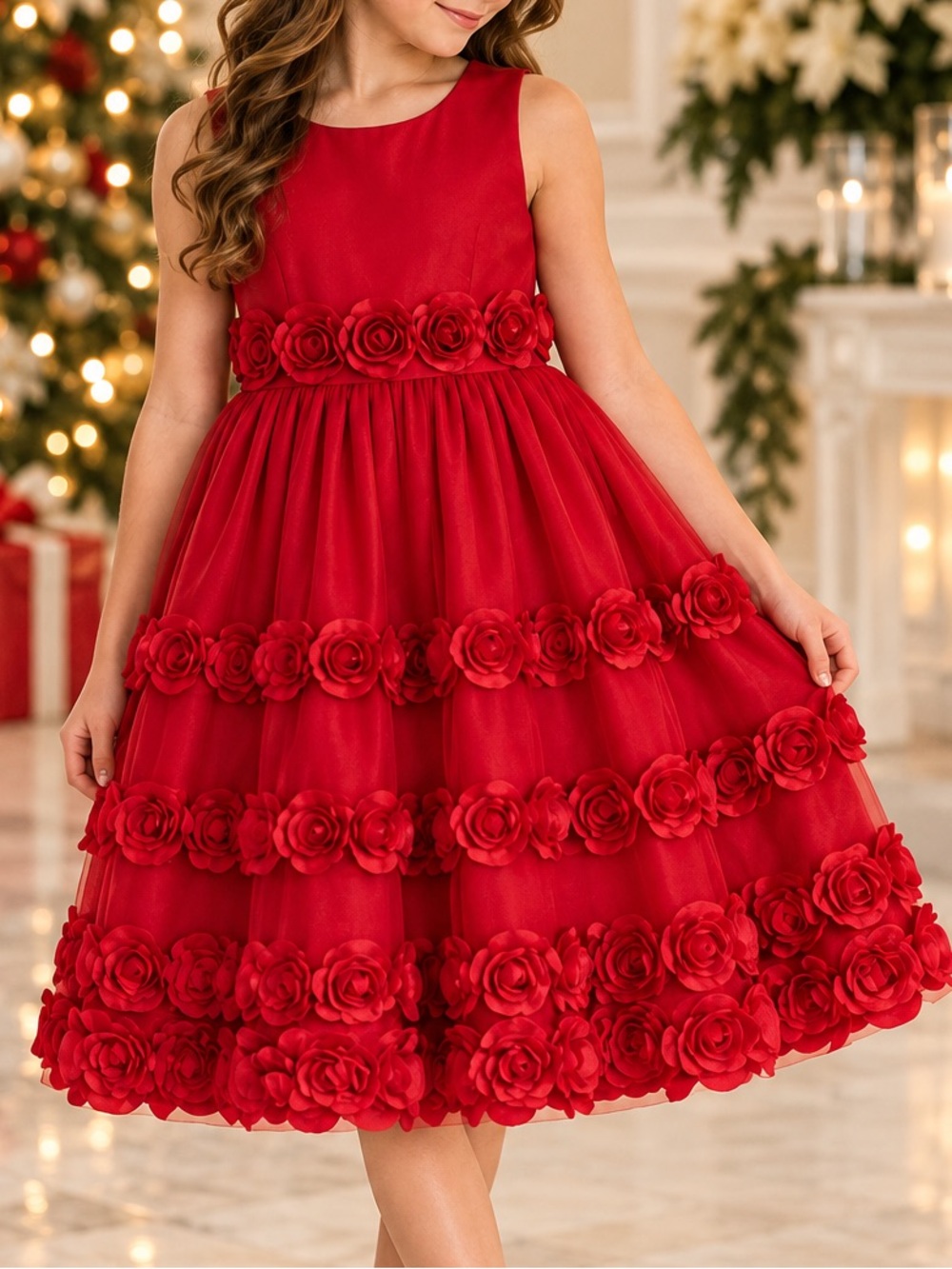 Bonnie Jean Red Rose Appliqué Formal Dress | Girls Size 12